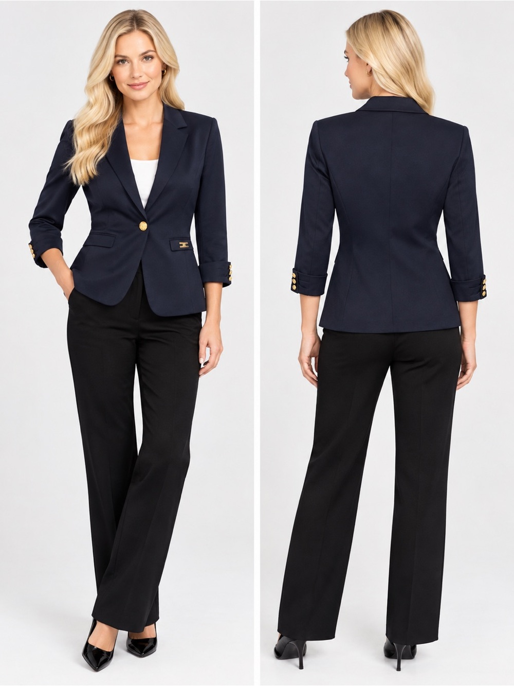 NWT WOMEN BLAZER NAVY BLUE‎ JACKET ONE BUTTON LINED 3/4 SLEEVES NOTCHED COLLAR